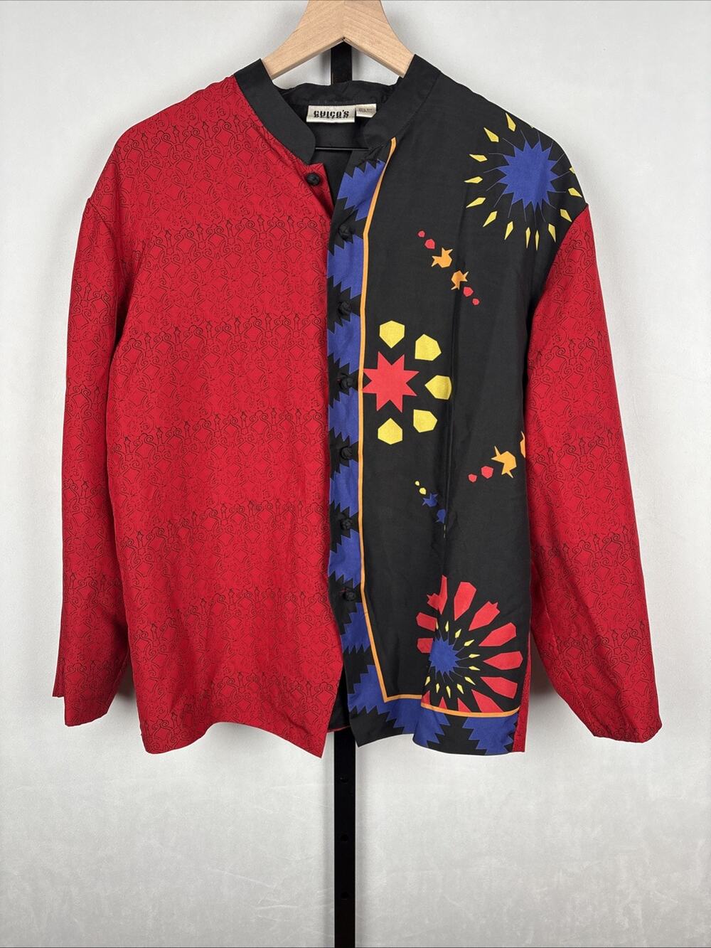 VTG Chico's Silk Button Up Top Womens 1 Medium Colorful Art to Wear Statement